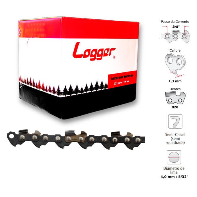 Corrente Motosserra 3/8" 1,3mm Semiquadrado Logger