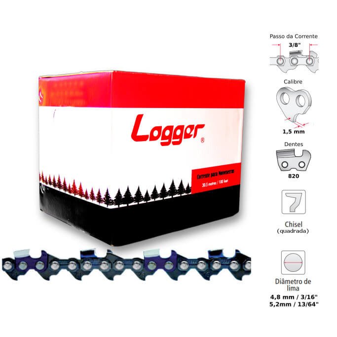 Corrente Motosserra 3/8" 1,5mm Quadrado Logger